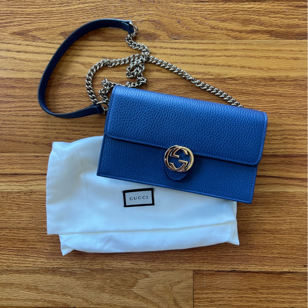 Gucci Blue Leather Bag with Silver Chain